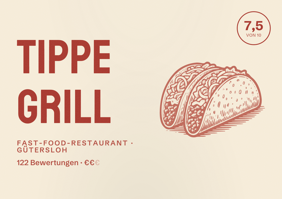 Illustriertes Poster von Tippe Grill, Fast-Food-Restaurant in Gütersloh: Bewertung 7,5 von 10 aus 122 Bewertungen, Preisniveau €€