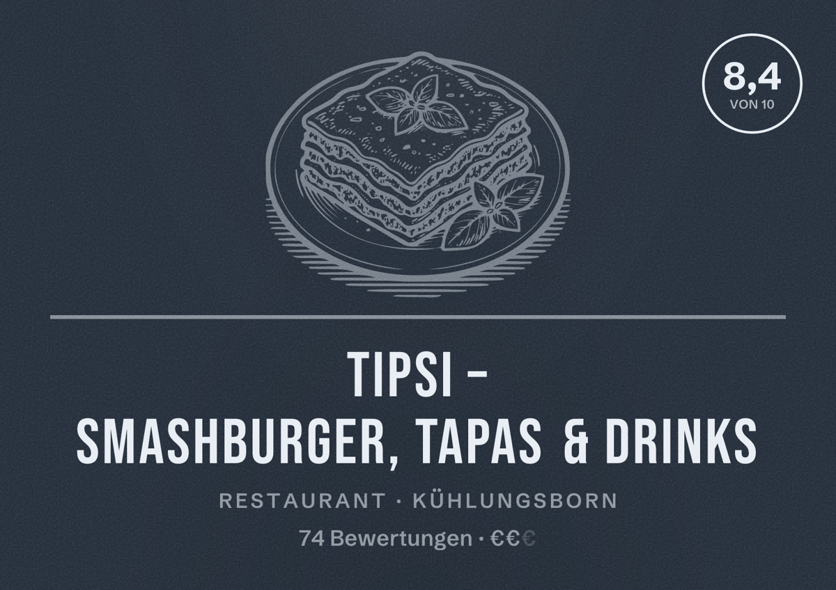 Illustriertes Poster von TIPSI – Smashburger, Tapas & Drinks, Restaurant in Kühlungsborn: Bewertung 8,4 von 10 aus 74 Bewertungen, Preisniveau €€