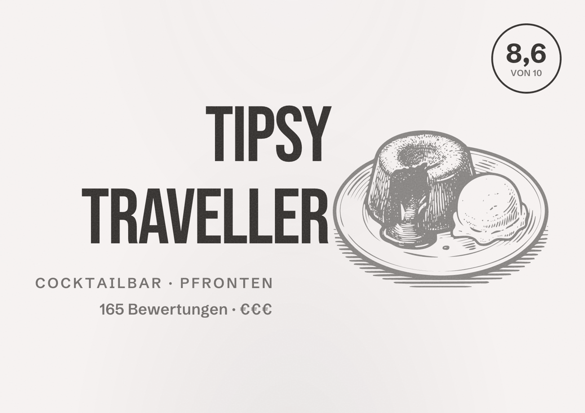 Illustriertes Poster von Tipsy Traveller, Cocktailbar in Pfronten: Bewertung 8,6 von 10 aus 165 Bewertungen, Preisniveau €€€