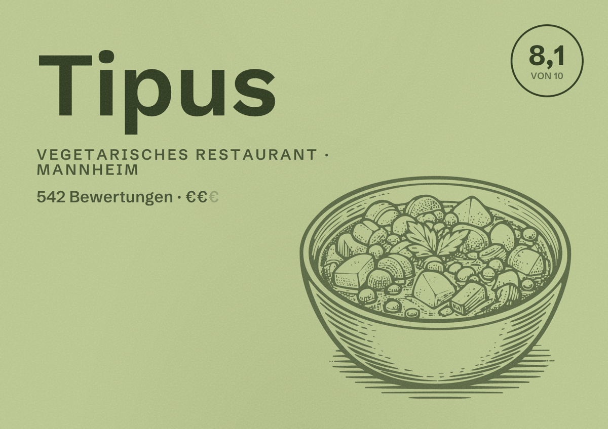 Illustriertes Poster von Tipus, Vegetarisches Restaurant in Mannheim: Bewertung 8,1 von 10 aus 542 Bewertungen, Preisniveau €€