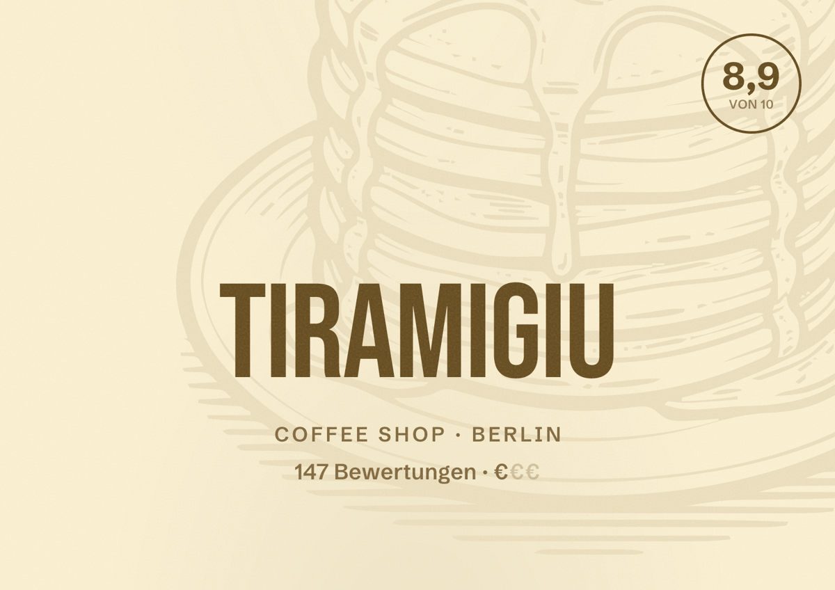 Illustriertes Poster von TiramiGiu, Coffee Shop in Berlin: Bewertung 8,9 von 10 aus 147 Bewertungen, Preisniveau €