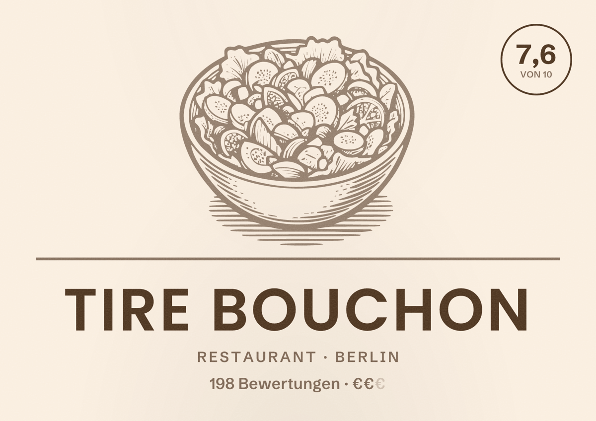 Illustriertes Poster von Tire Bouchon, Restaurant in Berlin: Bewertung 7,6 von 10 aus 198 Bewertungen, Preisniveau €€