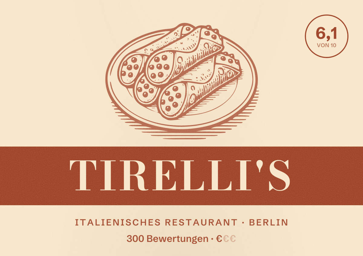 Illustriertes Poster von Tirelli's, Italienisches Restaurant in Berlin: Bewertung 6,1 von 10 aus 300 Bewertungen, Preisniveau €