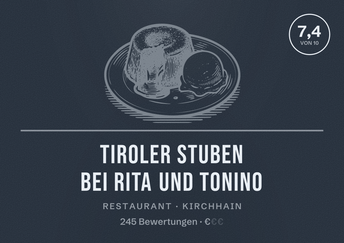 Illustriertes Poster von Tiroler Stuben Bei Rita und Tonino, Restaurant in Kirchhain: Bewertung 7,4 von 10 aus 245 Bewertungen, Preisniveau €