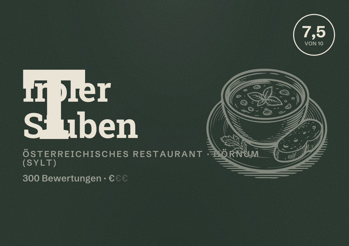 Illustriertes Poster von Tiroler Stuben, Österreichisches Restaurant in Hörnum (Sylt): Bewertung 7,5 von 10 aus 300 Bewertungen, Preisniveau €