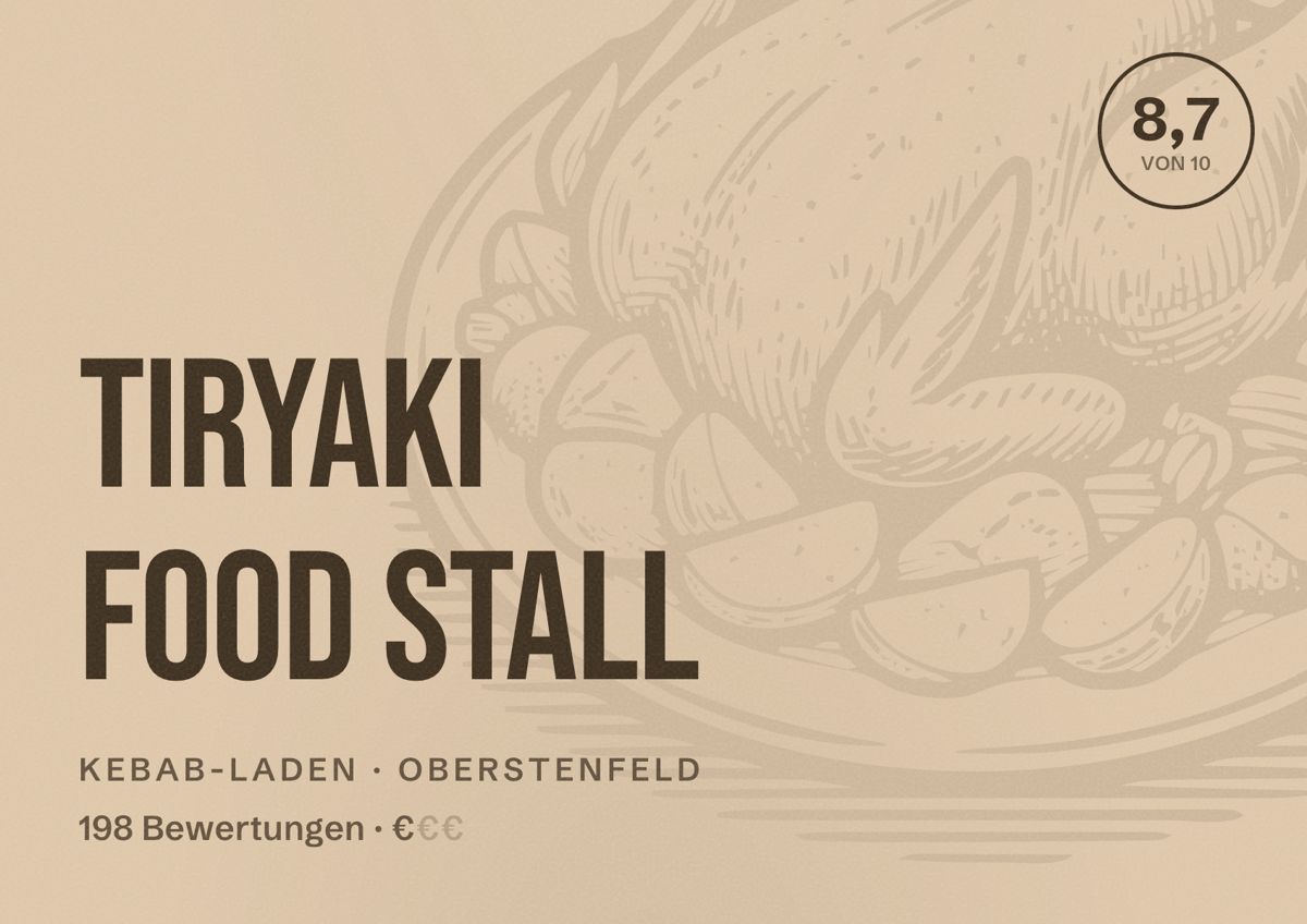 Illustriertes Poster von Tiryaki Food Stall, Kebab-Laden in Oberstenfeld: Bewertung 8,7 von 10 aus 198 Bewertungen, Preisniveau €