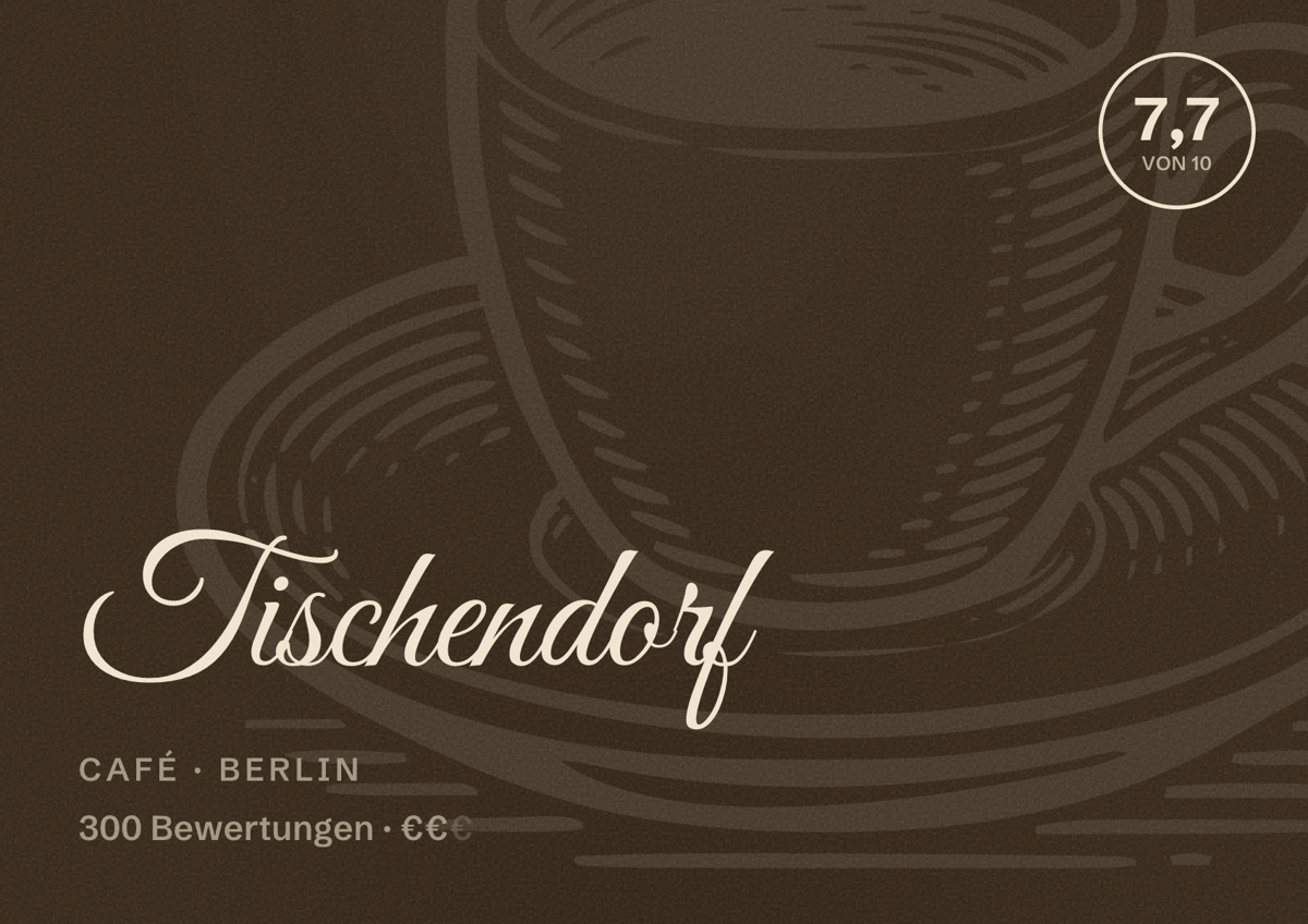 Illustriertes Poster von Tischendorf, Café in Berlin: Bewertung 7,7 von 10 aus 300 Bewertungen, Preisniveau €€