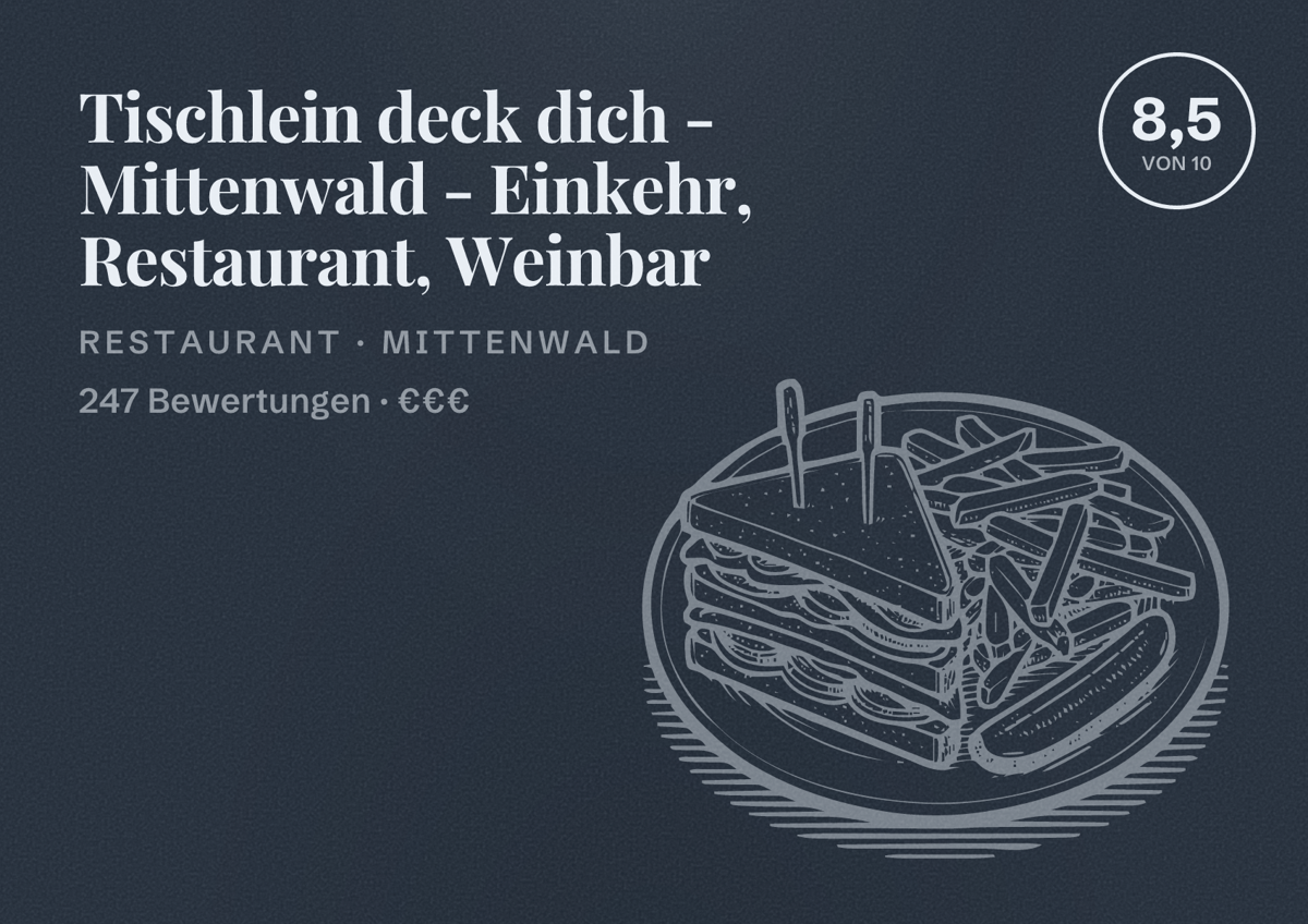 Illustriertes Poster von Tischlein deck dich - Mittenwald - Einkehr, Restaurant, Weinbar, Restaurant in Mittenwald: Bewertung 8,5 von 10 aus 247 Bewertungen, Preisniveau €€€