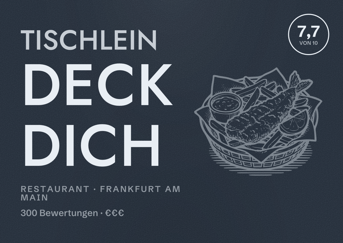 Illustriertes Poster von tischlein deck dich, Restaurant in Frankfurt am Main: Bewertung 7,7 von 10 aus 300 Bewertungen, Preisniveau €€€