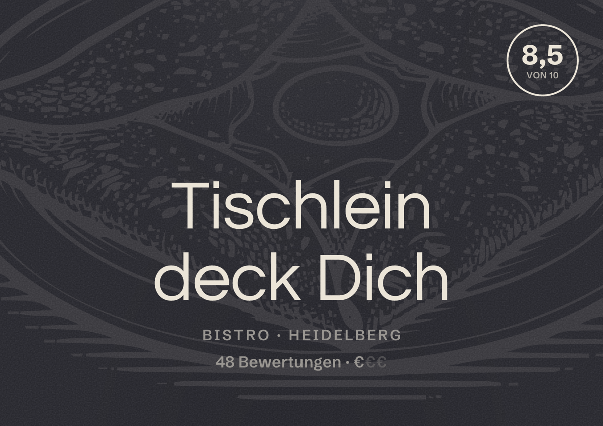 Illustriertes Poster von Tischlein deck Dich, Bistro in Heidelberg: Bewertung 8,5 von 10 aus 48 Bewertungen, Preisniveau €