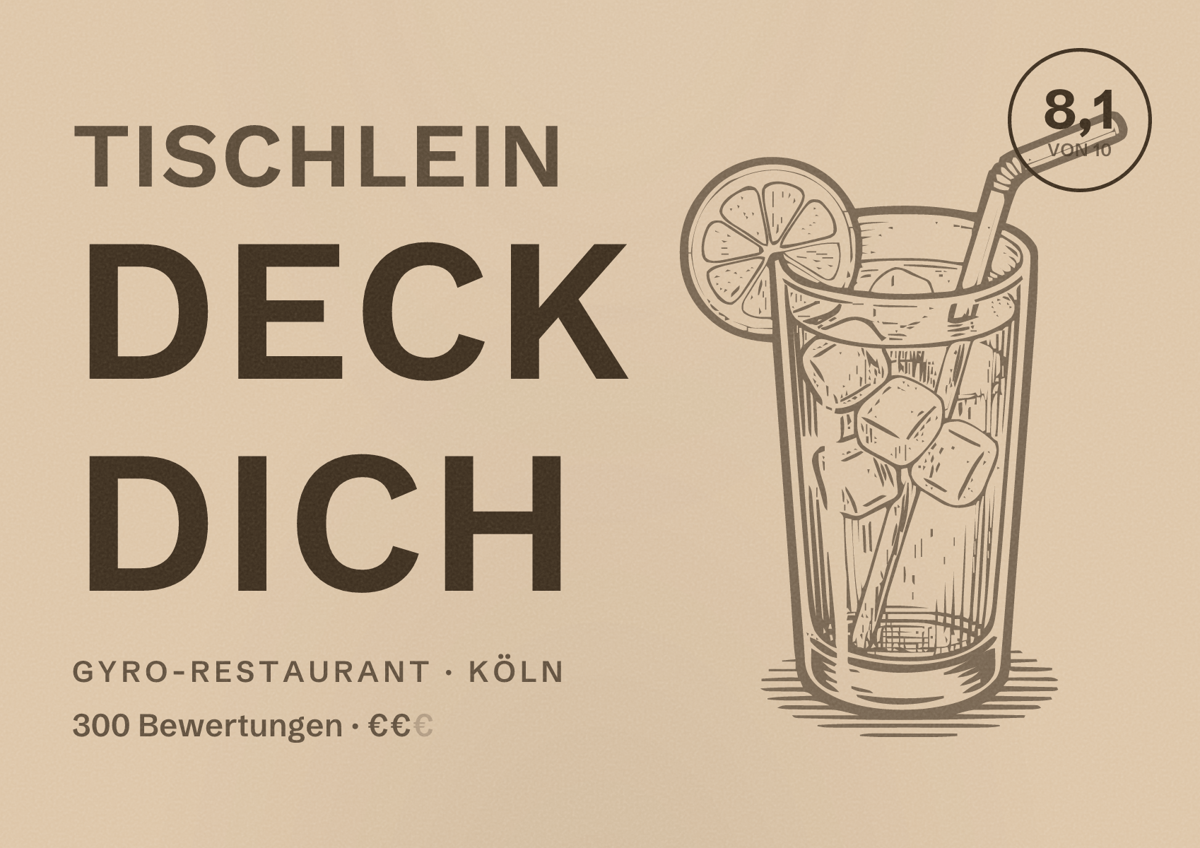 Illustriertes Poster von Tischlein deck dich, Gyro-Restaurant in Köln: Bewertung 8,1 von 10 aus 300 Bewertungen, Preisniveau €€