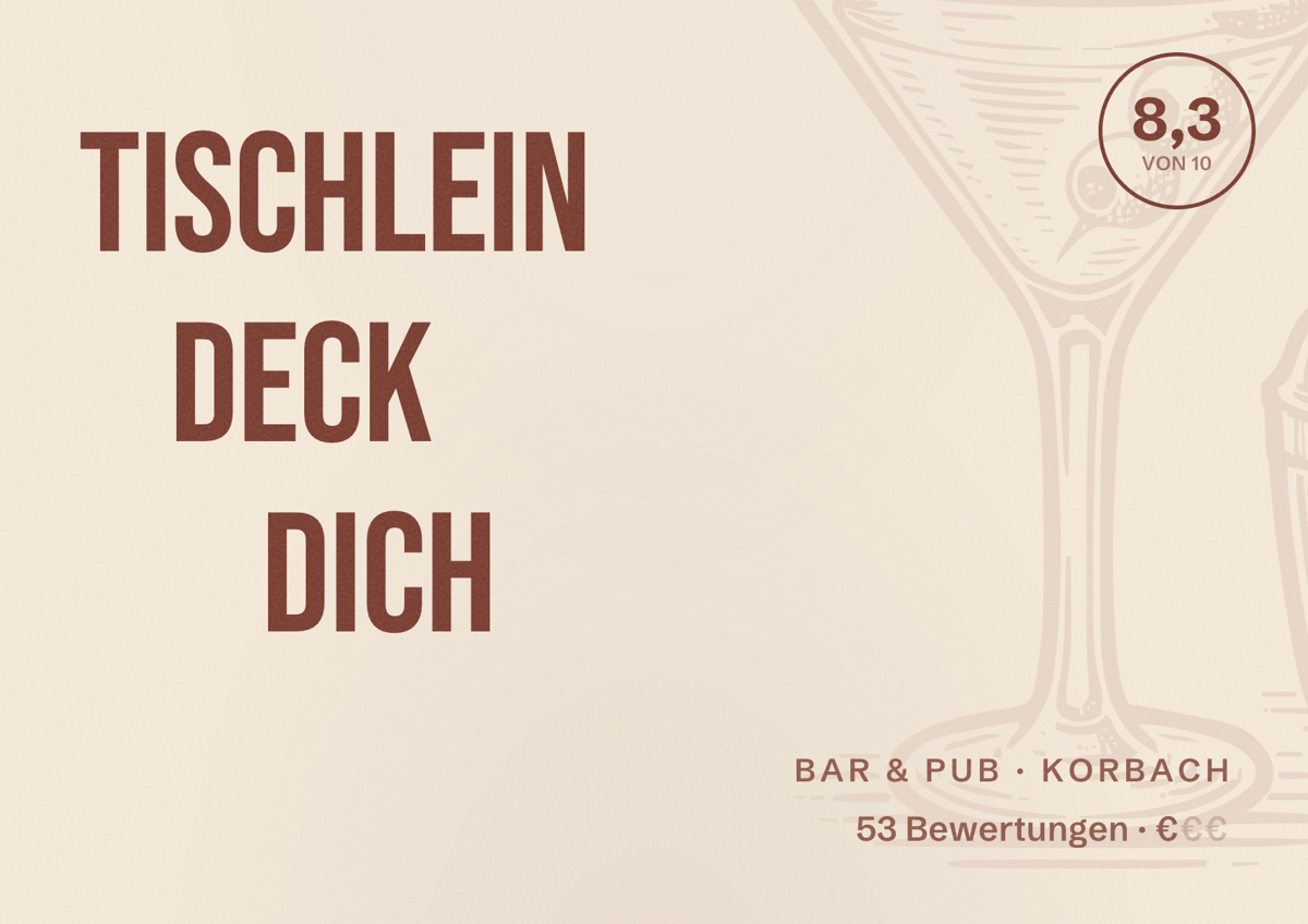 Illustriertes Poster von Tischlein Deck Dich, Bar & Pub in Korbach: Bewertung 8,3 von 10 aus 53 Bewertungen, Preisniveau €