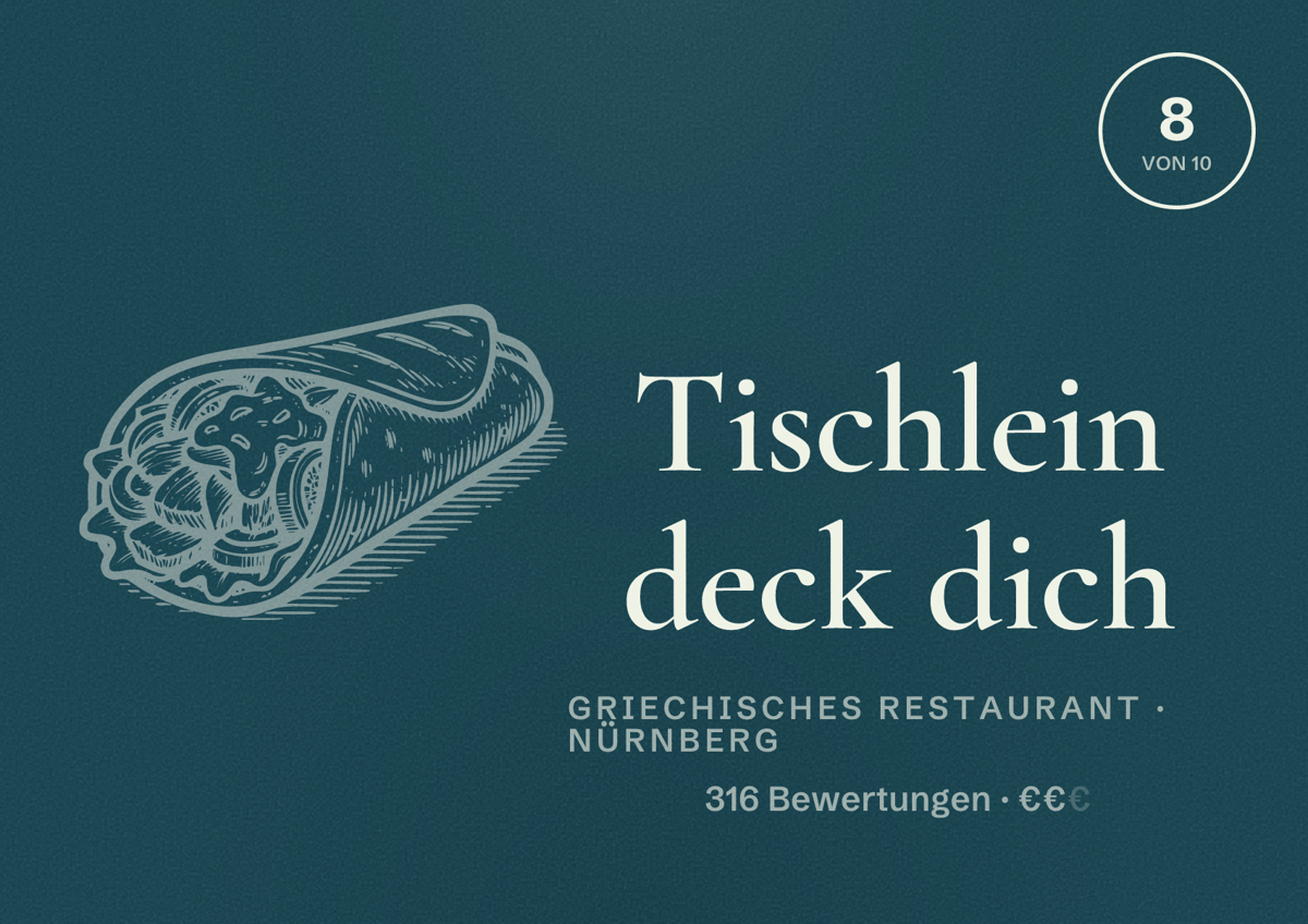 Illustriertes Poster von Tischlein deck dich, Griechisches Restaurant in Nürnberg: Bewertung 8,0 von 10 aus 316 Bewertungen, Preisniveau €€
