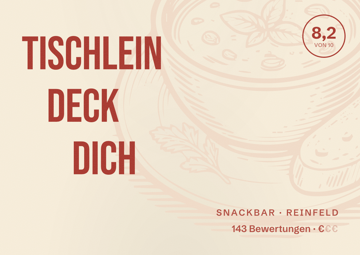 Illustriertes Poster von Tischlein deck dich, Snackbar in Reinfeld: Bewertung 8,2 von 10 aus 143 Bewertungen, Preisniveau €