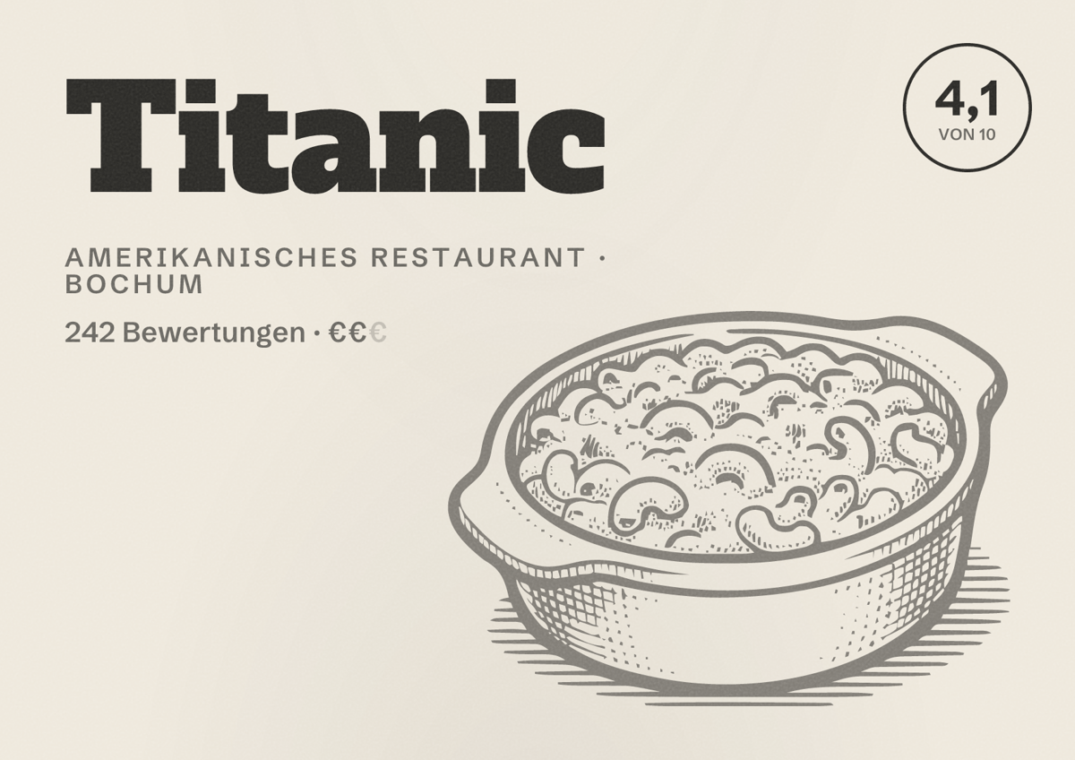 Illustriertes Poster von Titanic, Amerikanisches Restaurant in Bochum: Bewertung 4,1 von 10 aus 242 Bewertungen, Preisniveau €€