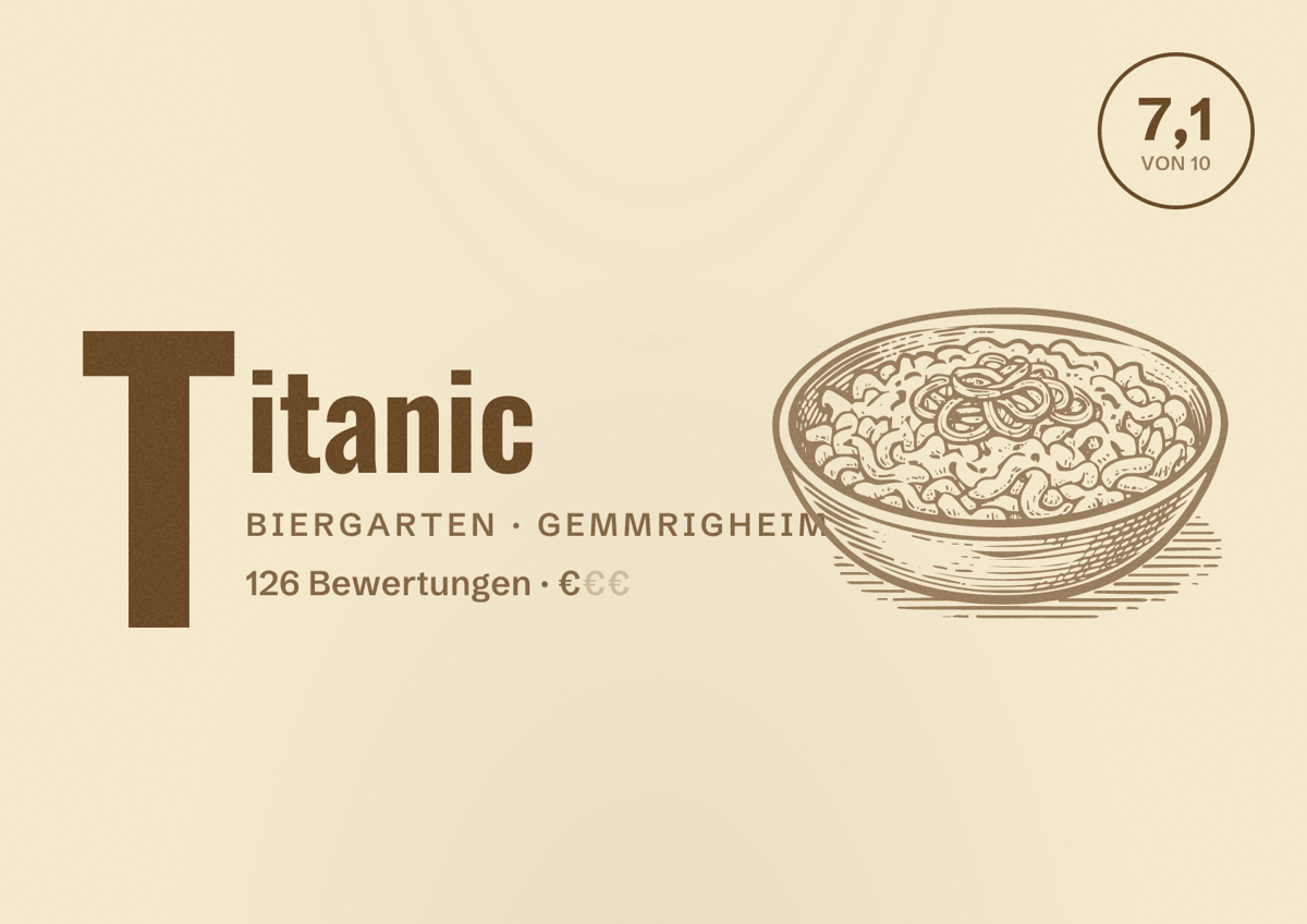 Illustriertes Poster von Titanic, Biergarten in Gemmrigheim: Bewertung 7,1 von 10 aus 126 Bewertungen, Preisniveau €