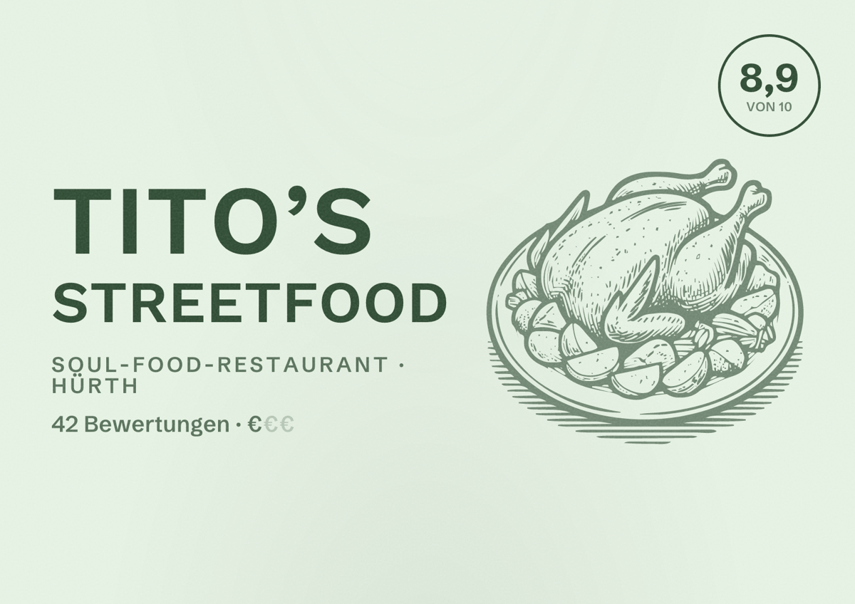 Illustriertes Poster von Tito’s Streetfood, Soul-Food-Restaurant in Hürth: Bewertung 8,9 von 10 aus 42 Bewertungen, Preisniveau €