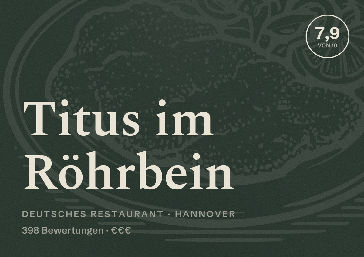 Illustriertes Poster von Titus im Röhrbein, Deutsches Restaurant in Hannover: Bewertung 7,9 von 10 aus 398 Bewertungen, Preisniveau €€€