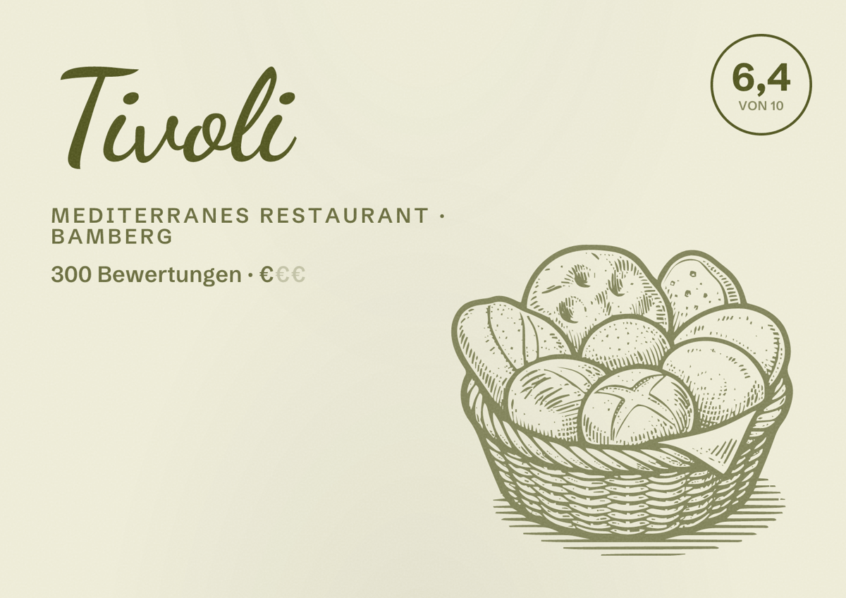 Illustriertes Poster von Tivoli, Mediterranes Restaurant in Bamberg: Bewertung 6,4 von 10 aus 300 Bewertungen, Preisniveau €