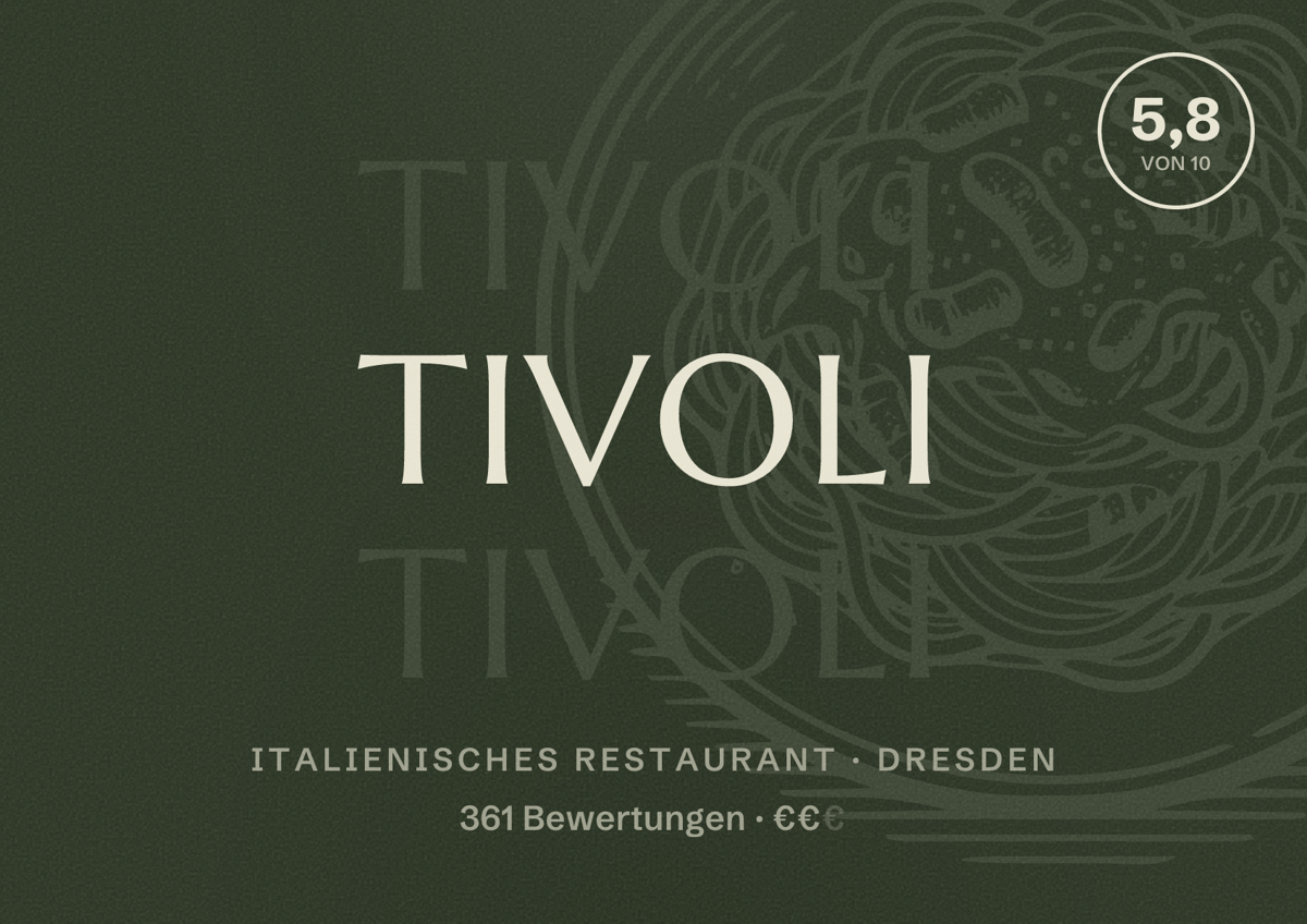 Illustriertes Poster von Tivoli, Italienisches Restaurant in Dresden: Bewertung 5,8 von 10 aus 361 Bewertungen, Preisniveau €€