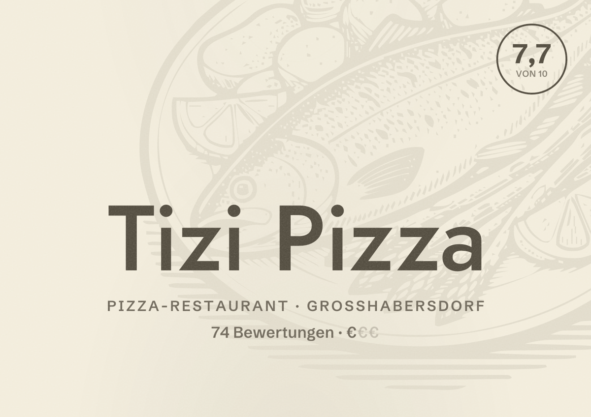 Illustriertes Poster von Tizi Pizza, Pizza-Restaurant in Großhabersdorf: Bewertung 7,7 von 10 aus 74 Bewertungen, Preisniveau €