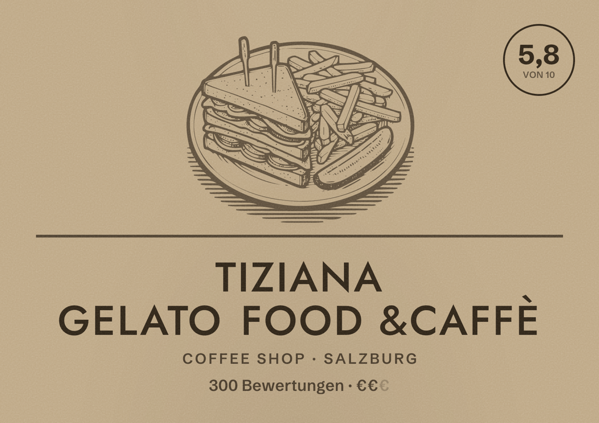 Illustriertes Poster von Tiziana gelato food &caffè, Coffee Shop in Salzburg: Bewertung 5,8 von 10 aus 300 Bewertungen, Preisniveau €€