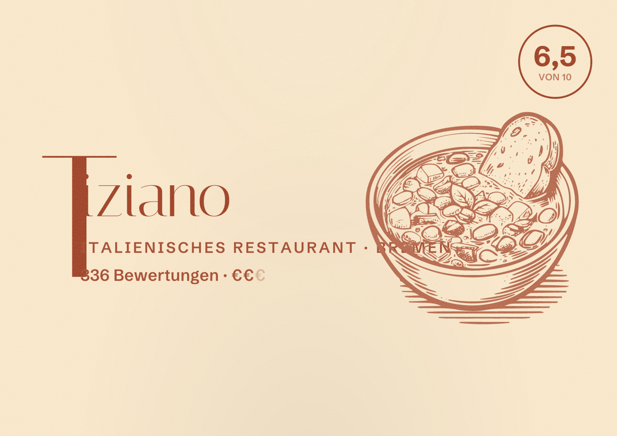 Illustriertes Poster von Tiziano, Italienisches Restaurant in Bremen: Bewertung 6,5 von 10 aus 336 Bewertungen, Preisniveau €€