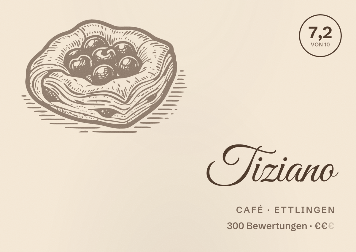 Illustriertes Poster von Tiziano, Café in Ettlingen: Bewertung 7,2 von 10 aus 300 Bewertungen, Preisniveau €€