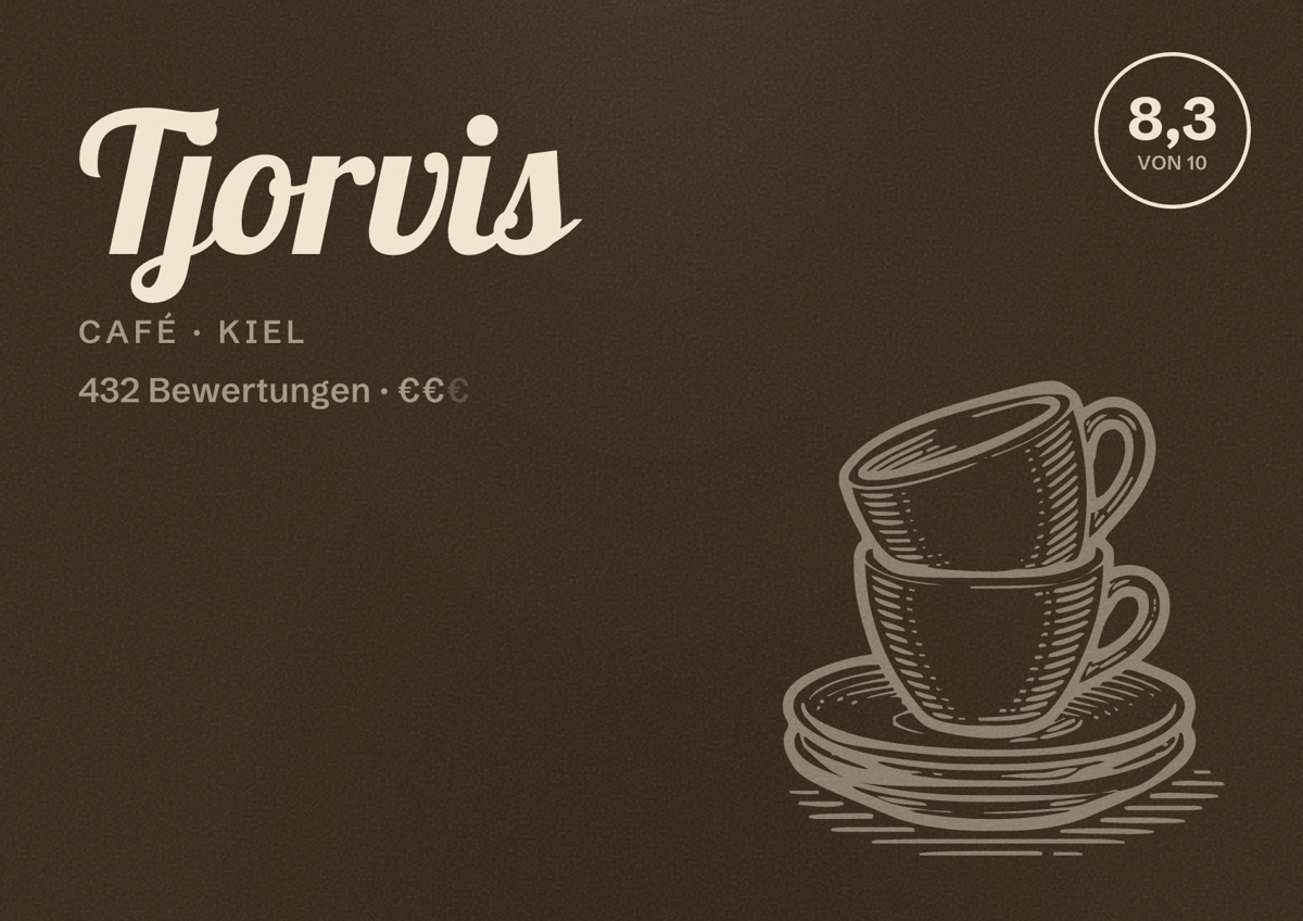 Illustriertes Poster von Tjorvis, Café in Kiel: Bewertung 8,3 von 10 aus 432 Bewertungen, Preisniveau €€