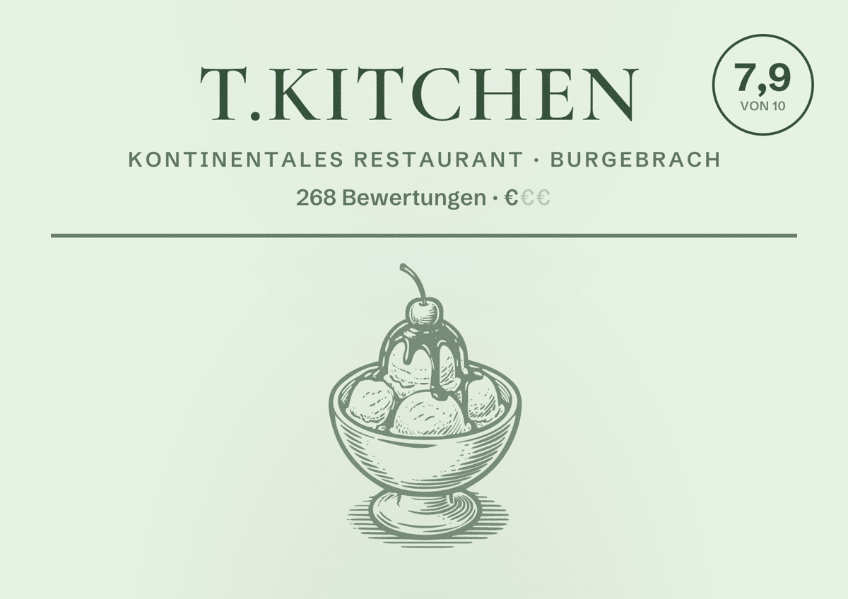 Illustriertes Poster von t.kitchen, Kontinentales Restaurant in Burgebrach: Bewertung 7,9 von 10 aus 268 Bewertungen, Preisniveau €