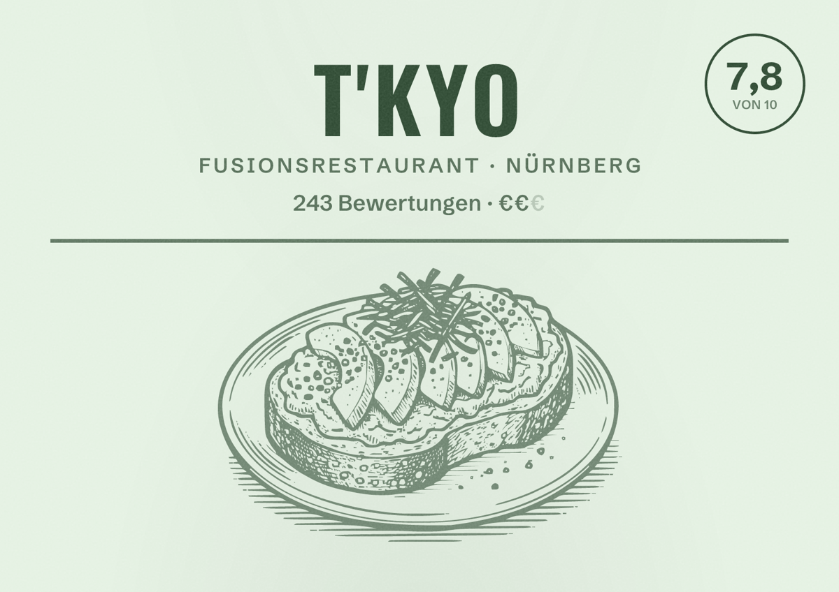 Illustriertes Poster von T'KYO, Fusionsrestaurant in Nürnberg: Gästebewertung 7,8 von 10 aus 243 Bewertungen