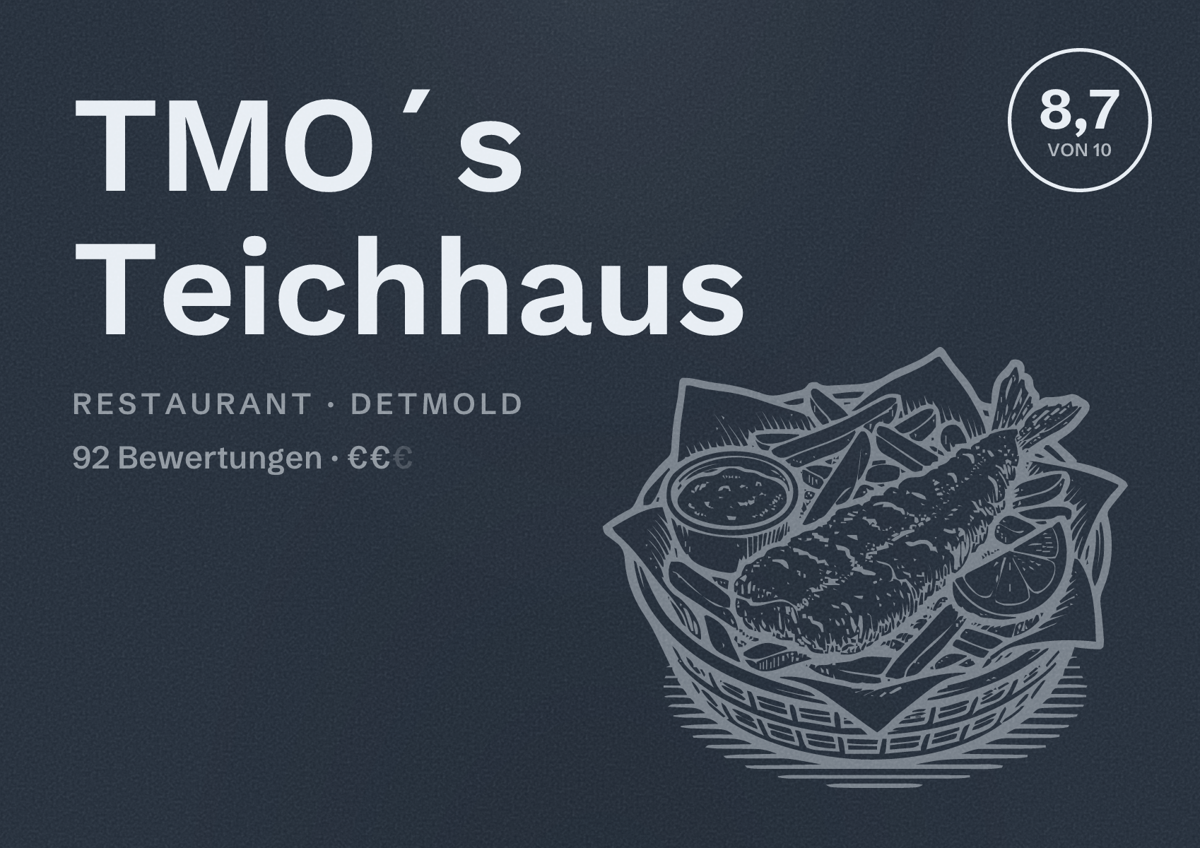 Illustriertes Poster von TMO´s Teichhaus, Restaurant in Detmold: Bewertung 8,7 von 10 aus 92 Bewertungen, Preisniveau €€