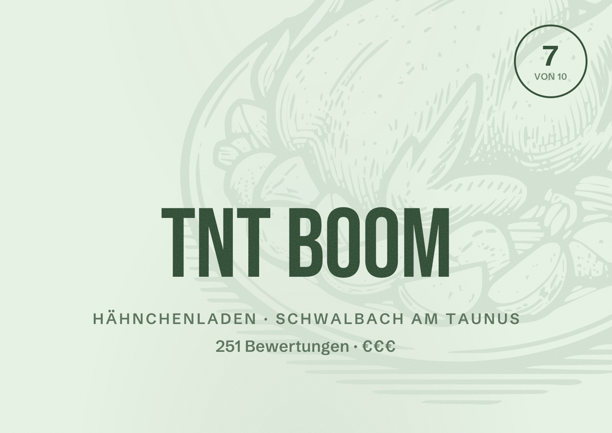 Illustriertes Poster von TNT BOOM, Hähnchenladen in Schwalbach am Taunus: Bewertung 7 von 10 aus 251 Bewertungen, Preisniveau €€€