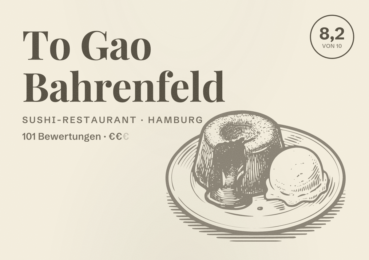 Illustriertes Poster von To Gao Bahrenfeld, Sushi-Restaurant in Hamburg: Bewertung 8,2 von 10 aus 101 Bewertungen, Preisniveau €€