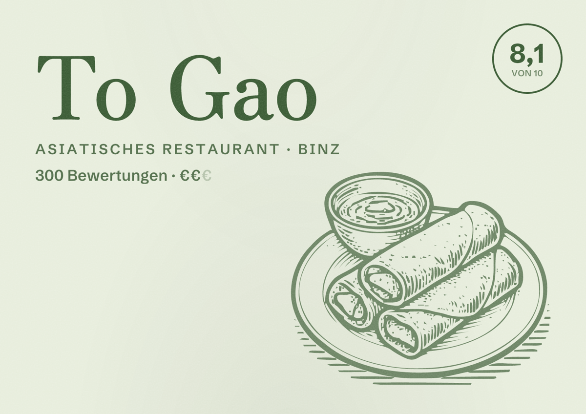 Illustriertes Poster von To Gao, Asiatisches Restaurant in Binz: Bewertung 8,1 von 10 aus 300 Bewertungen, Preisniveau €€