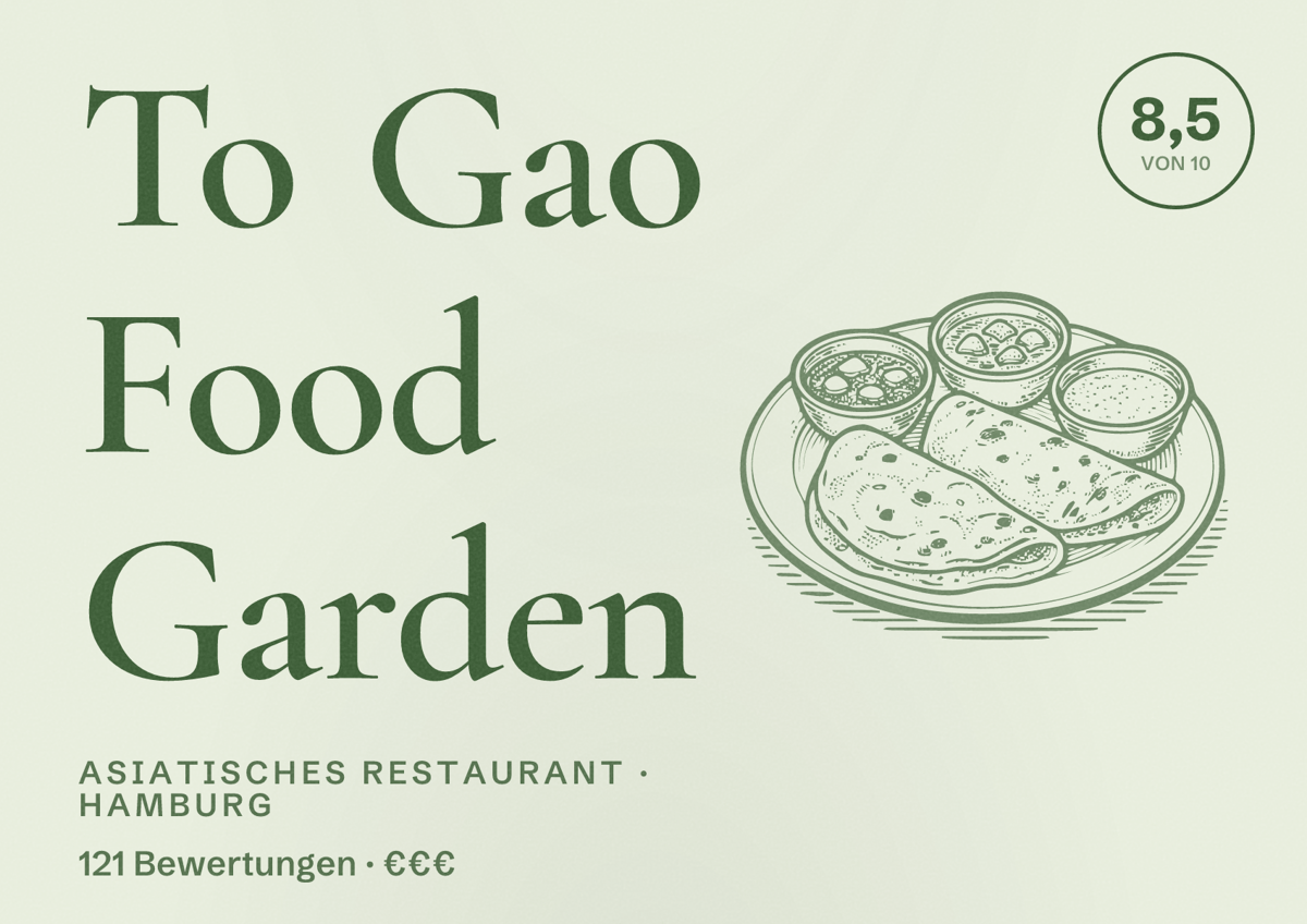 Illustriertes Poster von To Gao Food Garden, Asiatisches Restaurant in Hamburg: Bewertung 8,5 von 10 aus 121 Bewertungen, Preisniveau €€€