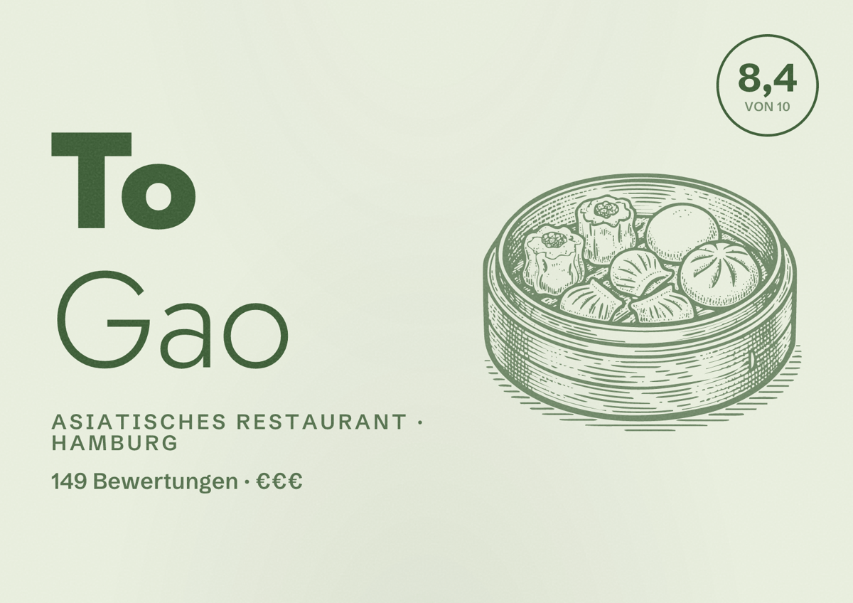 Illustriertes Poster von To Gao, Asiatisches Restaurant in Hamburg: Bewertung 8,4 von 10 aus 149 Bewertungen, Preisniveau €€€