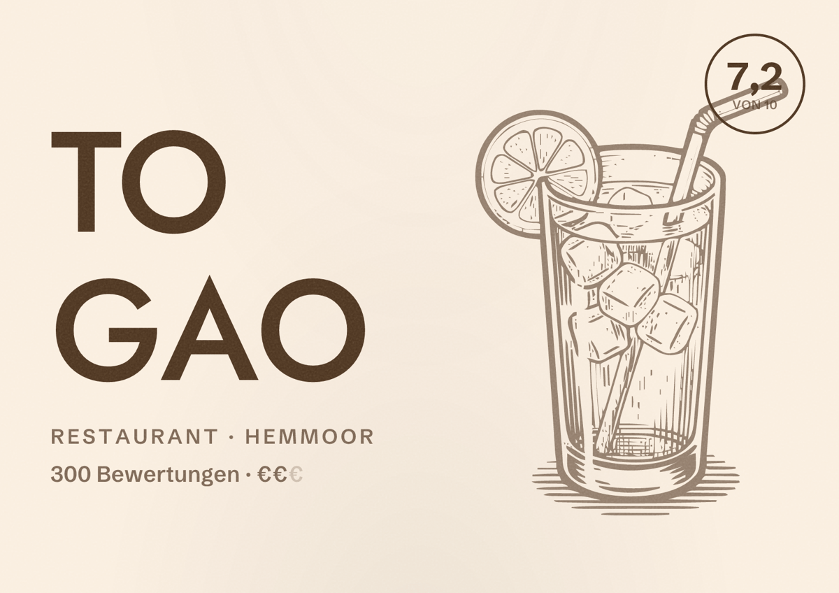 Illustriertes Poster von To Gao, Restaurant in Hemmoor: Bewertung 7,2 von 10 aus 300 Bewertungen, Preisniveau €€