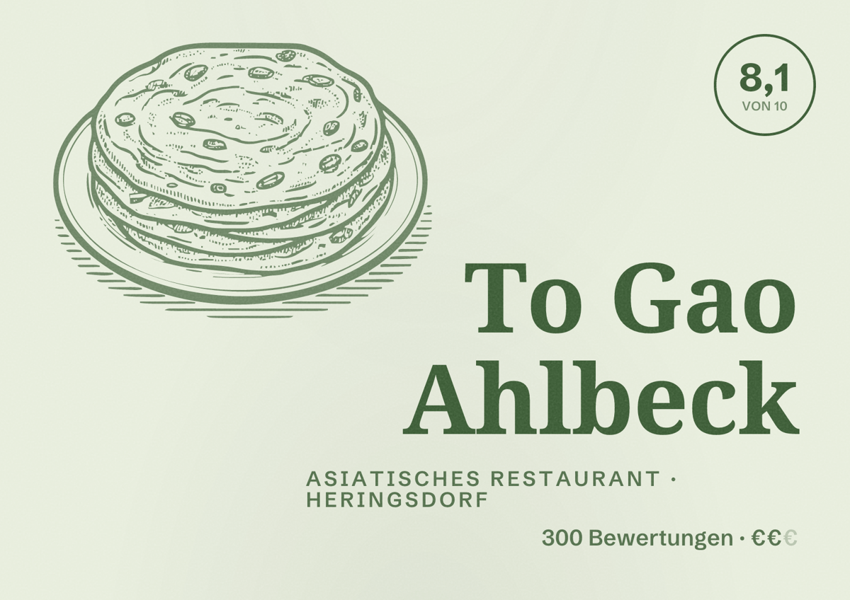 Illustriertes Poster von To Gao Ahlbeck, Asiatisches Restaurant in Heringsdorf: Bewertung 8,1 von 10 aus 300 Bewertungen, Preisniveau €€