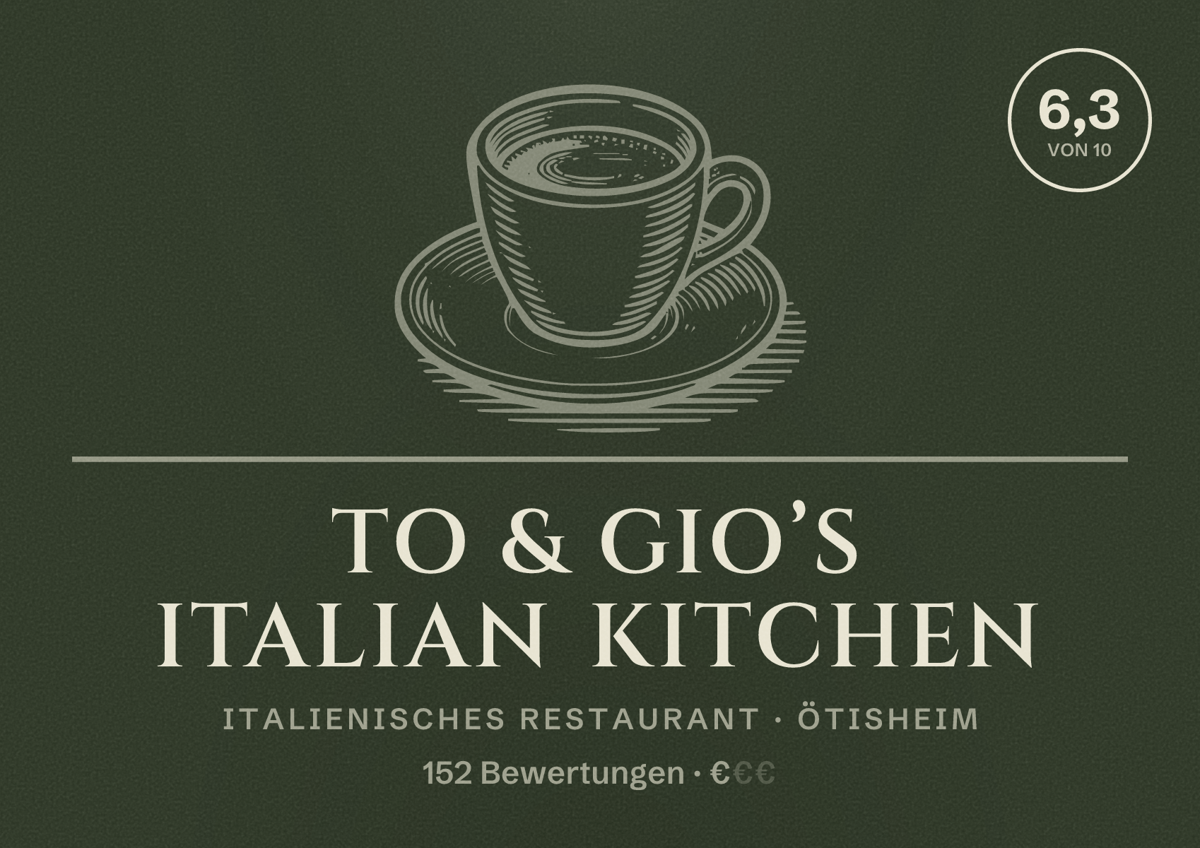 Illustriertes Poster von To & Gio’s Italian Kitchen, Italienisches Restaurant in Ötisheim: Bewertung 6,3 von 10 aus 152 Bewertungen, Preisniveau €