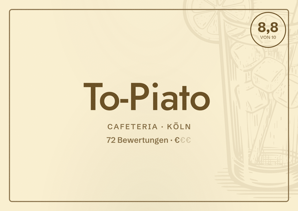 Illustriertes Poster von To-Piato, Cafeteria in Köln: Bewertung 8,8 von 10 aus 72 Bewertungen, Preisniveau €