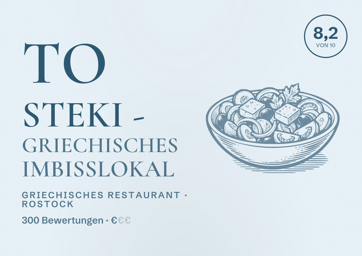 Illustriertes Poster von To Steki - Griechisches Imbisslokal, Griechisches Restaurant in Rostock: Bewertung 8,2 von 10 aus 300 Bewertungen, Preisniveau €