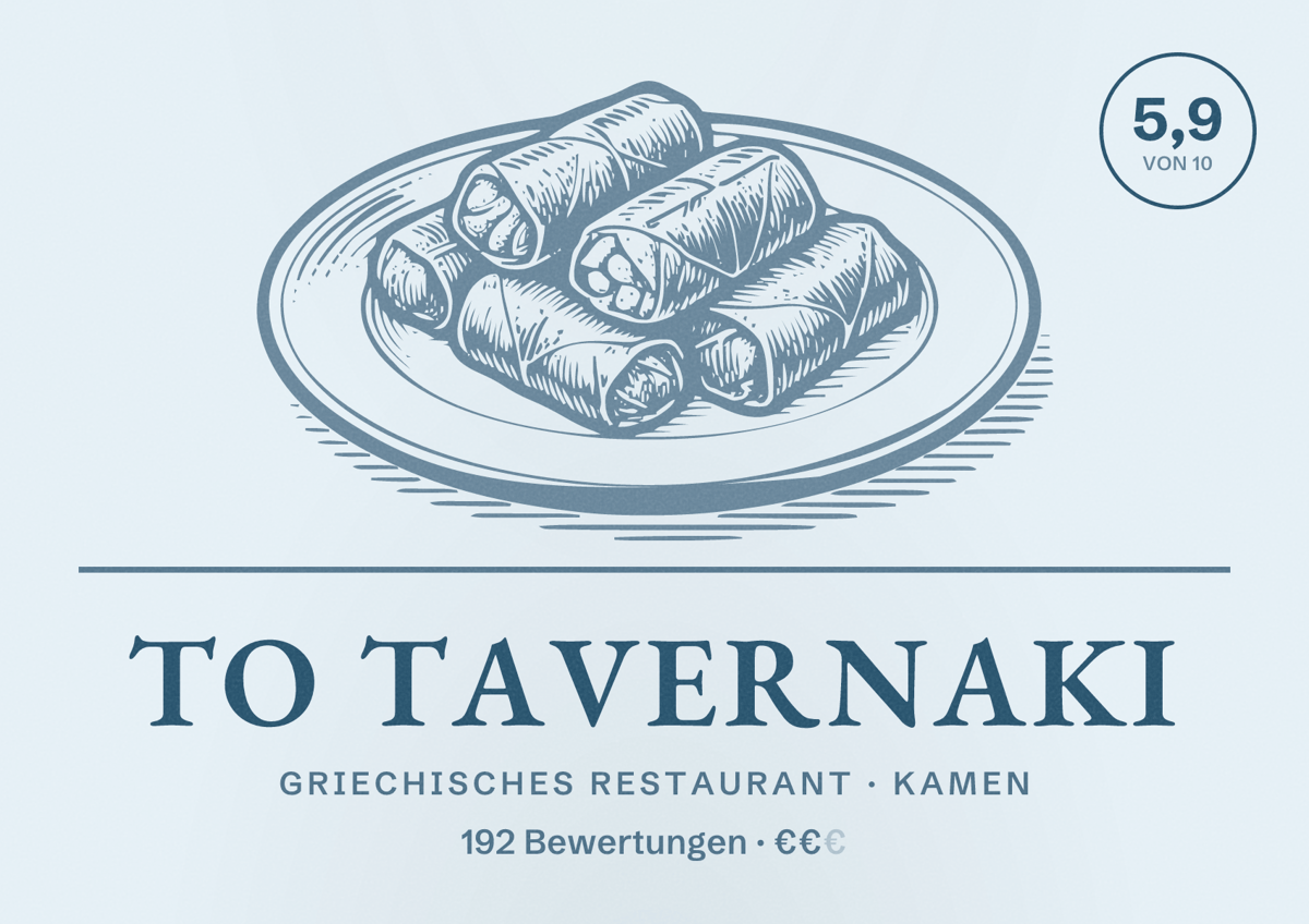 Illustriertes Poster von To Tavernaki, Griechisches Restaurant in Kamen: Bewertung 5,9 von 10 aus 192 Bewertungen, Preisniveau €€