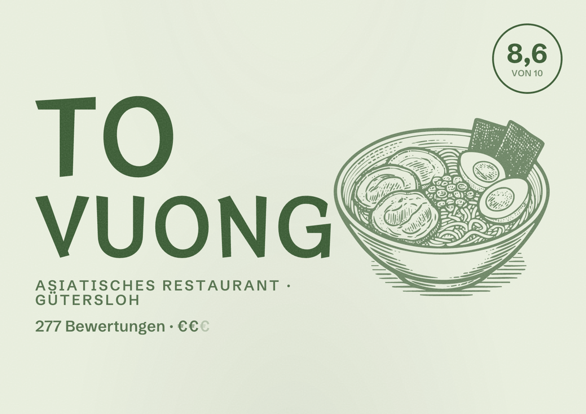 Illustriertes Poster von To Vuong, Asiatisches Restaurant in Gütersloh: Bewertung 8,6 von 10 aus 277 Bewertungen, Preisniveau €€