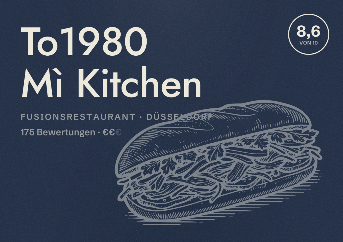 Illustriertes Poster von To1980 Mì Kitchen, Fusionsrestaurant in Düsseldorf: Bewertung 8,6 von 10 aus 175 Bewertungen, Preisniveau €€