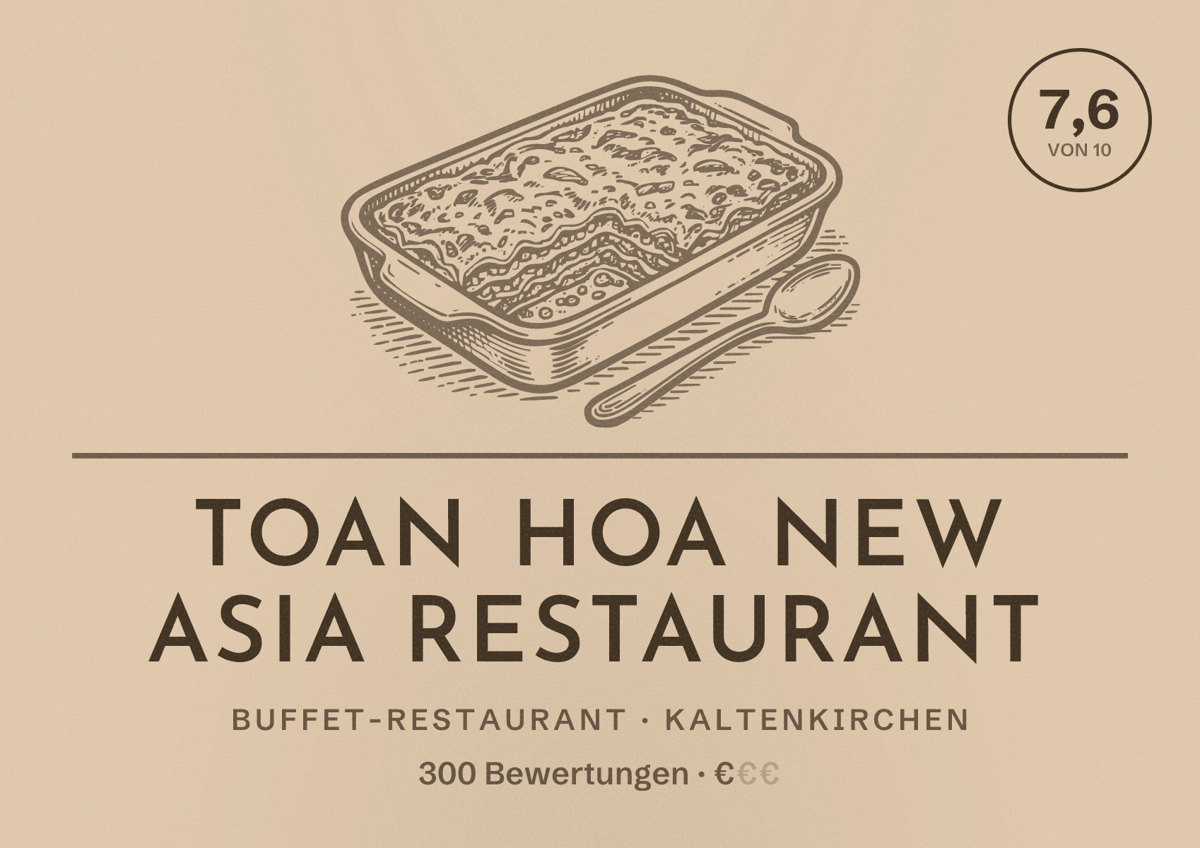 Illustriertes Poster von Toan Hoa New Asia Restaurant, Buffet-Restaurant in Kaltenkirchen: Bewertung 7,6 von 10 aus 300 Bewertungen, Preisniveau €