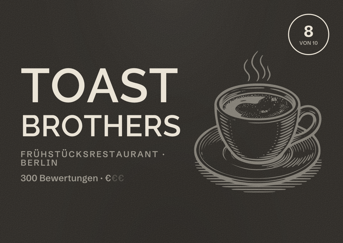 Illustriertes Poster von Toast Brothers, Frühstücksrestaurant in Berlin: Bewertung 8 von 10 aus 300 Bewertungen, Preisniveau €