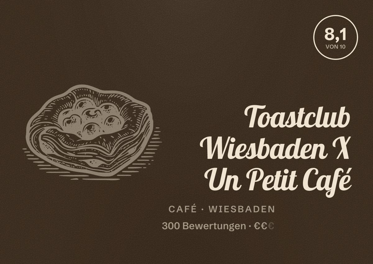 Illustriertes Poster von Toastclub Wiesbaden X Un Petit Café, Café in Wiesbaden: Bewertung 8,1 von 10 aus 300 Bewertungen, Preisniveau €€
