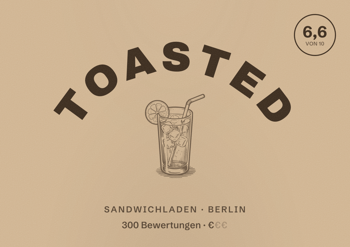 Illustriertes Poster von Toasted, Sandwichladen in Berlin: Bewertung 6,6 von 10 aus 300 Bewertungen, Preisniveau €