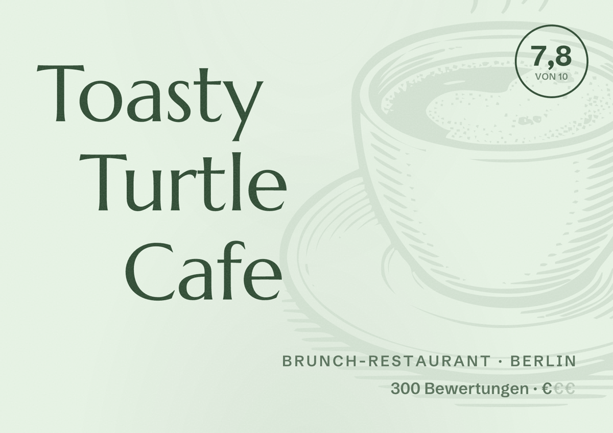 Illustriertes Poster von Toasty Turtle Cafe, Brunch-Restaurant in Berlin: Bewertung 7,8 von 10 aus 300 Bewertungen, Preisniveau €